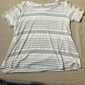 Naif Grey White Striped Top Crochet Button Sleeve Detail Women's 2X Plus Size